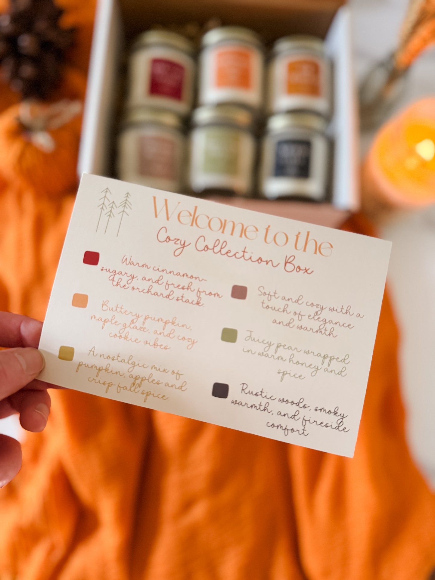 Hand holding a card introducing 'The Cozy Collection Box' with candles in the background.