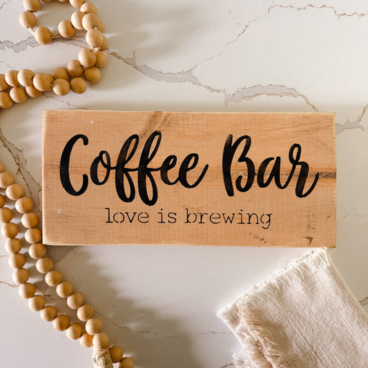 Coffee Bar Sign – “Love Is Brewing” Rustic Wood Decor